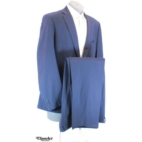 Calvin Klein 2 Piece Suit Mens Blue Wool Spandex Stretch 48R Flat Fronts 38" W - Picture 1 of 14